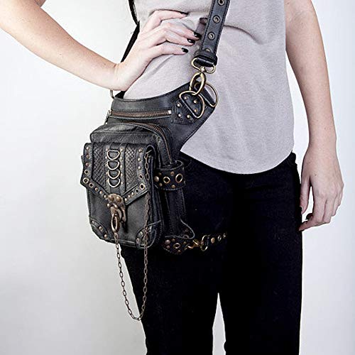 Bolso de Hombro de Cuero Steampunk, Cuero de PU Bandolera Paquetes De Cintura Pierna Bolsas táctico Pierna Banana Macutos de Senderismo Negro Waist Leg Bag