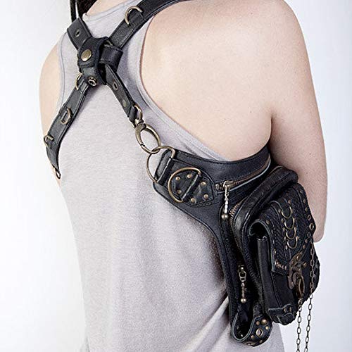 Bolso de Hombro de Cuero Steampunk, Cuero de PU Bandolera Paquetes De Cintura Pierna Bolsas táctico Pierna Banana Macutos de Senderismo Negro Waist Leg Bag