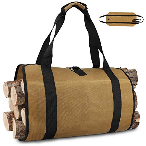 Bolso de Lona Portador de Leña, Carga Leña Impermeable para Chimenea Interiores, Soportes para Carga de Madera Encerados Duraderos, Portadores Portátiles de Madera para Acampar Exteriores(99x46CM)