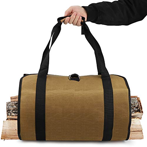 Bolso de Lona Portador de Leña, Carga Leña Impermeable para Chimenea Interiores, Soportes para Carga de Madera Encerados Duraderos, Portadores Portátiles de Madera para Acampar Exteriores(99x46CM)