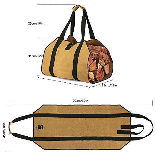 Bolso de Lona Portador de Leña, Carga Leña Impermeable para Chimenea Interiores, Soportes para Carga de Madera Encerados Duraderos, Portadores Portátiles de Madera para Acampar Exteriores(99x46CM)