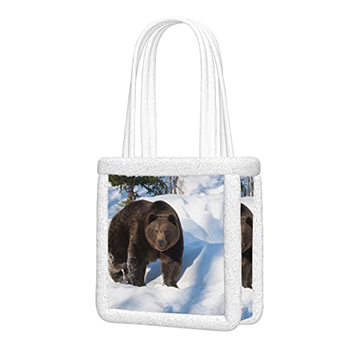 Bolsos de hombro para mujer Oso pardo caminando en la nieve Bolsa de asas multiusos para uso general Bolsas de asas de compras suaves y esponjosas de felpa reutilizables para viajes de trabajo y comp