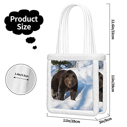 Bolsos de hombro para mujer Oso pardo caminando en la nieve Bolsa de asas multiusos para uso general Bolsas de asas de compras suaves y esponjosas de felpa reutilizables para viajes de trabajo y comp