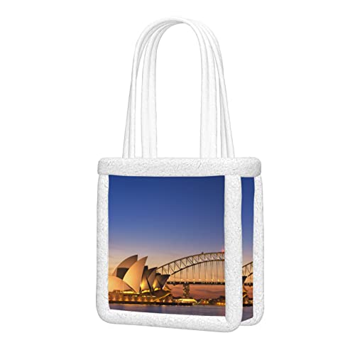 Bolsos de mano Bridge And Opera House Bolsos de hombro brillantes del puerto de Sydney para mujeres Bolsos de hombro suaves de felpa mullida para damas reutilizables para viajes de trabajo y compras