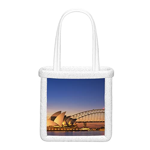 Bolsos de mano Bridge And Opera House Bolsos de hombro brillantes del puerto de Sydney para mujeres Bolsos de hombro suaves de felpa mullida para damas reutilizables para viajes de trabajo y compras