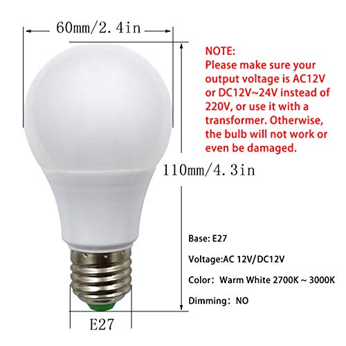 Bombillas LED E27, 12 V 5 W (A60 50 W, halógenas), bajo voltaje Edison Screw en las bombillas blanco cálido 2700 K, juego de 4