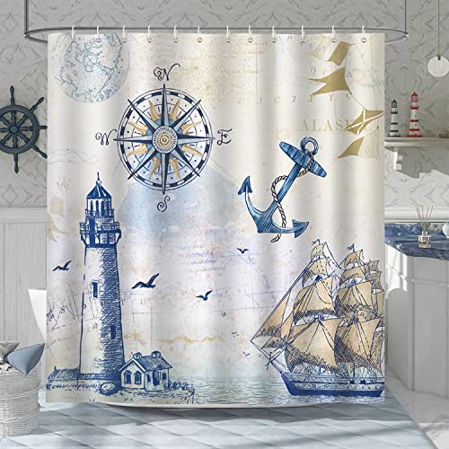 Bonhause Cortina de Ducha Náutico Ancla Faro Velero Brújula Cortina de Baño de Poliéster Impermeable Antimoho Cortina Ducha con 12 Ganchos 180 x 180 cm