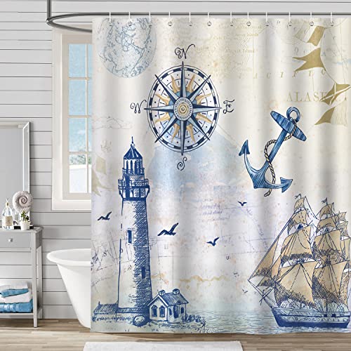 Bonhause Cortina de Ducha Náutico Ancla Faro Velero Brújula Cortina de Baño de Poliéster Impermeable Antimoho Cortina Ducha con 12 Ganchos 180 x 180 cm