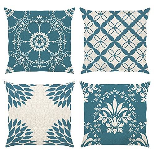 Bonhause Juego de 4 Funda de Cojín 45x45cm Geométrico Moderno Azul Poliéster Lino Fundas de Almohada para Cojines Decorativos para Sofá Cama Coche Hogar