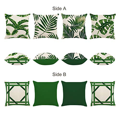 Bonhause Juego de 4 Funda de Cojín 45x45cm Hojas Tropical Verde Poliéster Lino Fundas de Almohada para Cojines Decorativos para Exterior Sofá Cama Coche Hogar