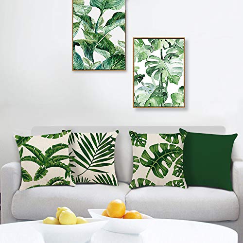 Bonhause Juego de 4 Funda de Cojín 45x45cm Hojas Tropical Verde Poliéster Lino Fundas de Almohada para Cojines Decorativos para Exterior Sofá Cama Coche Hogar