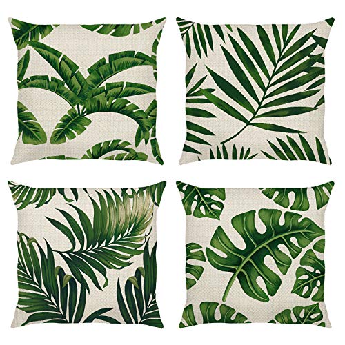 Bonhause Juego de 4 Funda de Cojín 45x45cm Hojas Tropical Verde Poliéster Lino Fundas de Almohada para Cojines Decorativos para Exterior Sofá Cama Coche Hogar