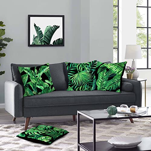 Bonhause Juego de 4 Funda de Cojín 45x45cm Hojas Tropicales Plantas Verde Poliéster Lino Fundas de Almohada para Cojines Decorativos para Sofá Cama Coche Hogar