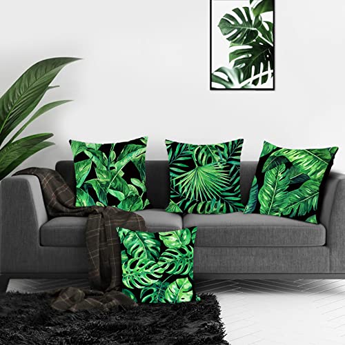 Bonhause Juego de 4 Funda de Cojín 45x45cm Hojas Tropicales Plantas Verde Poliéster Lino Fundas de Almohada para Cojines Decorativos para Sofá Cama Coche Hogar