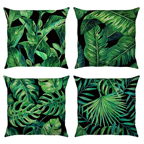 Bonhause Juego de 4 Funda de Cojín 45x45cm Hojas Tropicales Plantas Verde Poliéster Lino Fundas de Almohada para Cojines Decorativos para Sofá Cama Coche Hogar