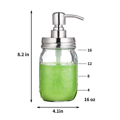 bonris 16oz Dispensador de jabón de jarro de Vidrio Transparente con Bomba de Acero Inoxidable Classic Decor para baño Cocina Farmhouse Decor（Acero Inoxidable）