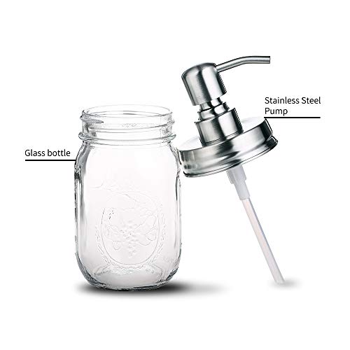 bonris 16oz Dispensador de jabón de jarro de Vidrio Transparente con Bomba de Acero Inoxidable Classic Decor para baño Cocina Farmhouse Decor（Acero Inoxidable）