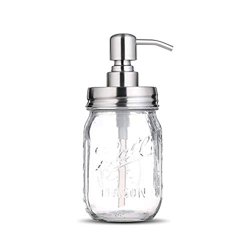 bonris 16oz Dispensador de jabón de jarro de Vidrio Transparente con Bomba de Acero Inoxidable Classic Decor para baño Cocina Farmhouse Decor（Acero Inoxidable）