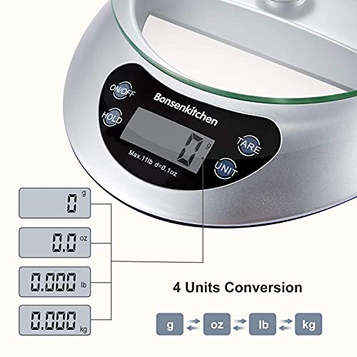 Bonsenkitchen Báscula Digital Balanza de Cocina Profesional, Escala de Peso de Alta Precisión con Vidrio Desmontable y Pantalla LCD - 5 kg / 11 lb, Báscula de Alimentos Electrónica Plata (KS8802)