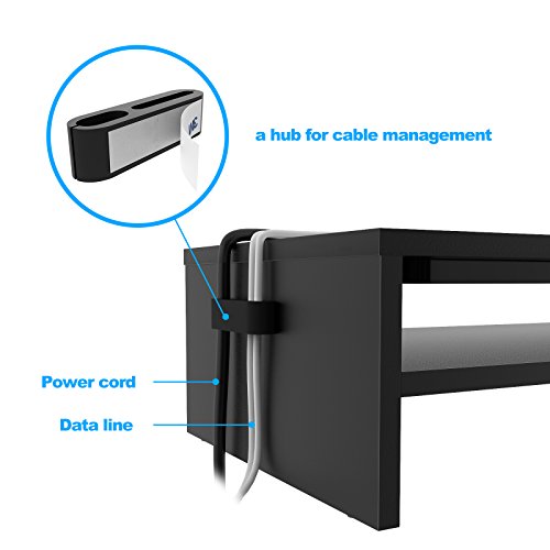 BONTEC Soporte Monitor Mesa Elevador Monitor Soporte Monitor Ordenador 2 Niveles Negro, W420 x D235 x H142mm con Soporte para Teléfono Inteligente y Gestión de Cables