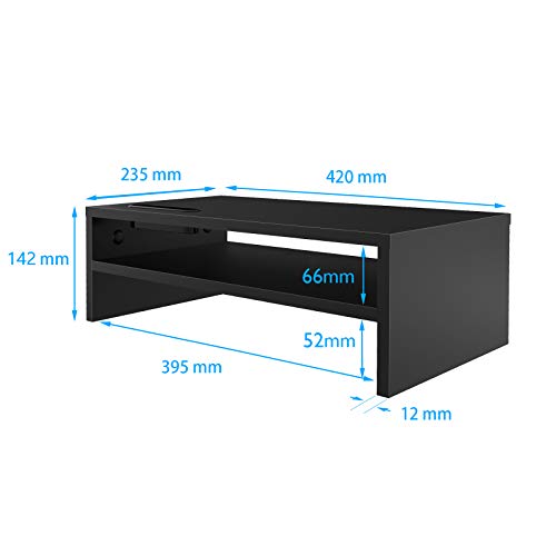 BONTEC Soporte Monitor Mesa Elevador Monitor Soporte Monitor Ordenador 2 Niveles Negro, W420 x D235 x H142mm con Soporte para Teléfono Inteligente y Gestión de Cables