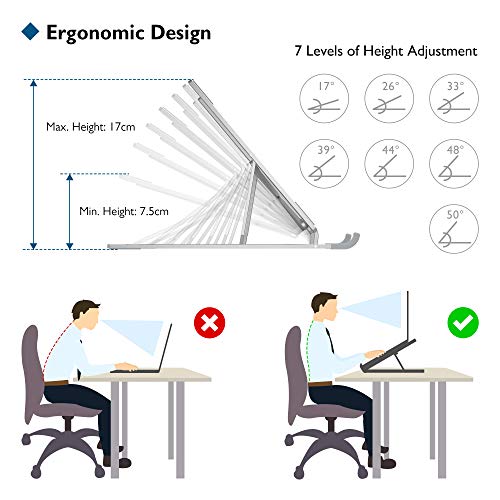 BONTEC Soporte Portátil Mesa para Tabletas de 10-17.3 Pulgadas, Elevador Portátil de Alumnio de 7 Niveles de Ajuste de Altura, Soporte Ordenador Portátil Ventilado Al Frío Sostiene hasta 20kg