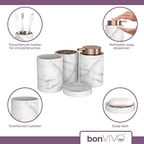 bonVIVO Elegante Juego de Accesorios baño de Lujo en mármol con Vaso para Cepillo de Dientes, Set baño Accesorios con jabonera, dispensador Recargable de jabon líquido y Vaso en mármol y Oro Rosa