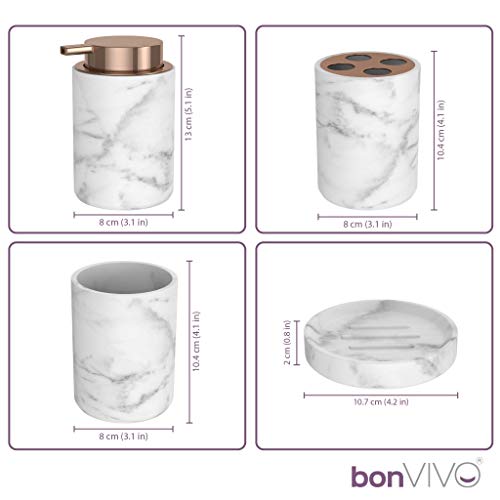 bonVIVO Elegante Juego de Accesorios baño de Lujo en mármol con Vaso para Cepillo de Dientes, Set baño Accesorios con jabonera, dispensador Recargable de jabon líquido y Vaso en mármol y Oro Rosa