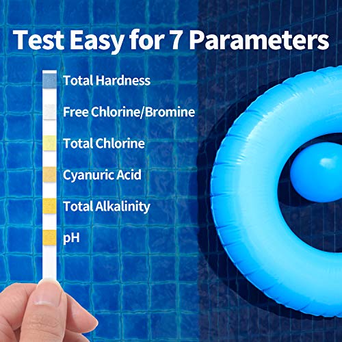 BOSIKE 7 en 1, 125 Tiras de Prueba para Piscinas y SPA, Kit de Prueba de Agua de Piscina 7 en 1: Prueba de ácido cianúrico preciso, dureza Total, Cloro Libre, alcalinidad, Cloro Total, bromo y pH