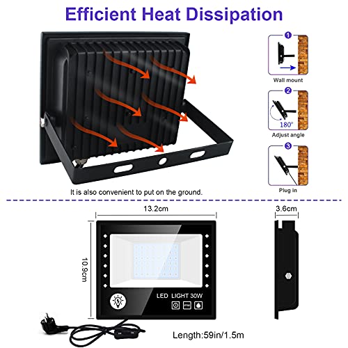 BOSITE 30W LED Luz Negra,Luz Ultravioleta LED Con Enchufe IP66 Impermeable Foco Fluorescente Exterior,Lampara Luz Foco UV Luz Negra para Halloween,Bar,Club,DJ Discoteca,Fiesta,Pinta Corporal