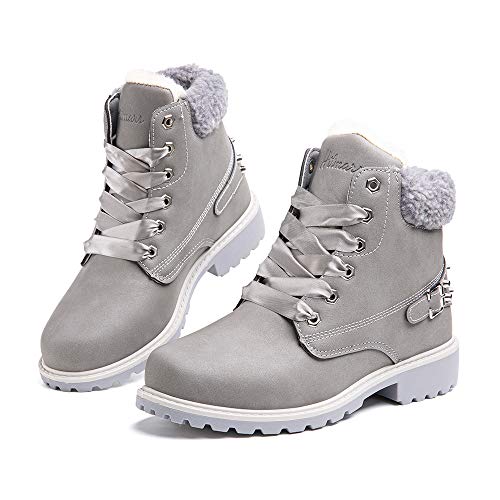 Botas Mujer Invierno Botas de Nieve Cálido Zapatos Botines Forradas Planas Snow Boots Antideslizante Calzado Comodos Cordones Gris-1 42 EU