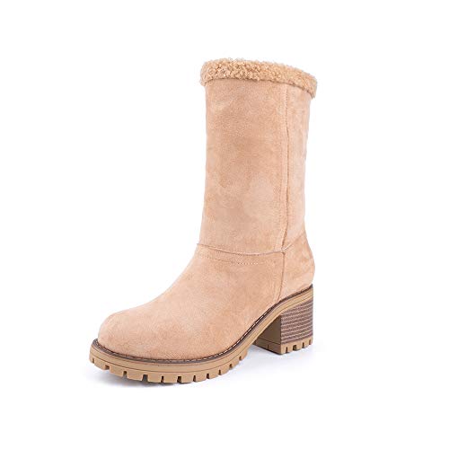 Botas Mujer Invierno Forradas Cálidas Botines Serraje Tacón Ancho Medio 6CM Plataforma Zapatos Nieve Cómodos Casual Caqui EU 38