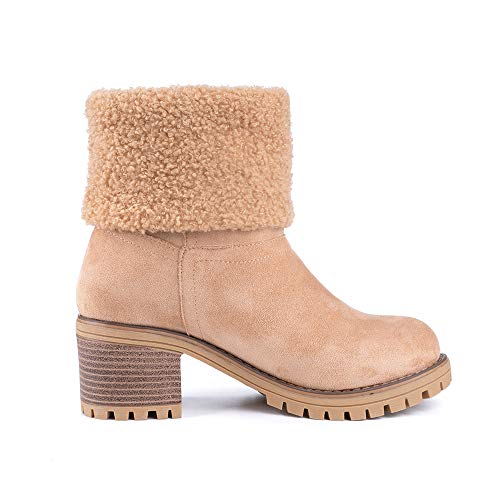 Botas Mujer Invierno Forradas Cálidas Botines Serraje Tacón Ancho Medio 6CM Plataforma Zapatos Nieve Cómodos Casual Caqui EU 38