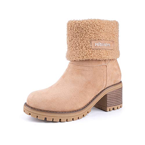 Botas Mujer Invierno Forradas Cálidas Botines Serraje Tacón Ancho Medio 6CM Plataforma Zapatos Nieve Cómodos Casual Caqui EU 38