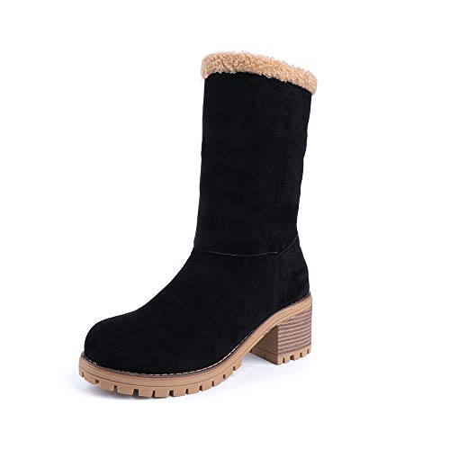 Botas Mujer Invierno Forradas Cálidas Botines Serraje Tacón Ancho Medio 6CM Plataforma Zapatos Nieve Cómodos Casual Negro EU 39