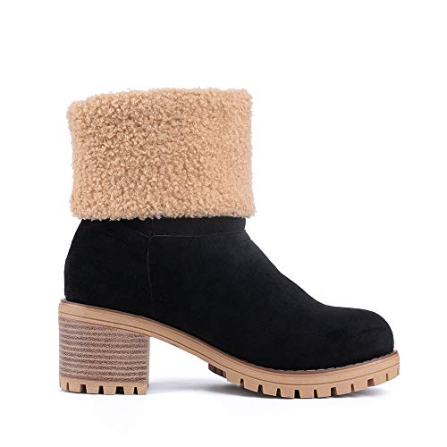 Botas Mujer Invierno Forradas Cálidas Botines Serraje Tacón Ancho Medio 6CM Plataforma Zapatos Nieve Cómodos Casual Negro EU 39