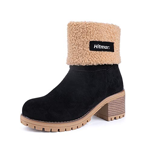 Botas Mujer Invierno Forradas Cálidas Botines Serraje Tacón Ancho Medio 6CM Plataforma Zapatos Nieve Cómodos Casual Negro EU 39