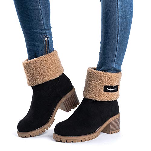 Botas Mujer Invierno Forradas Cálidas Botines Serraje Tacón Ancho Medio 6CM Plataforma Zapatos Nieve Cómodos Casual Negro EU 39