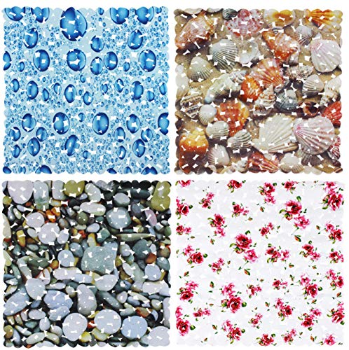 Brandsteller - Alfombrilla de ducha con 4 diseños impresos, rosas, conchas, piedras y gotas de agua, 53 x 53 cm o 70 x 36 cm