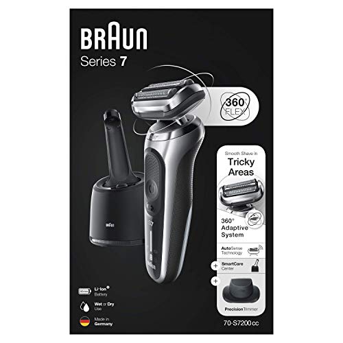 Braun Series 7 Afeitadora Eléctrica Hombre, Máquina de Afeitar Barba con Recortadora de Precisión, Tecnología AutoSense, Base de Carga, Centro de Limpieza, Recargable, Inalámbrica, 70-S7200 CC, Plata