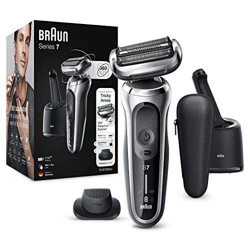 Braun Series 7 Afeitadora Eléctrica Hombre, Máquina de Afeitar Barba con Recortadora de Precisión, Tecnología AutoSense, Base de Carga, Centro de Limpieza, Recargable, Inalámbrica, 70-S7200 CC, Plata