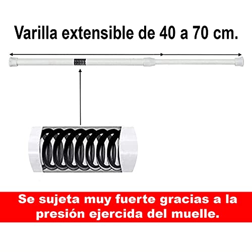 Bravatta. Porta Visillos Extensible de 40 a 70 cm. Barra ajustable para cortinas. Barra extensible para visillos y cortinas. Varilla Colgar Ropa de Bebé y Niño (Blanco)