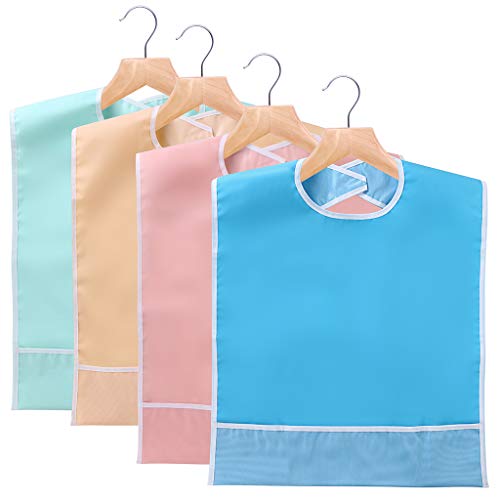 BTSKY 4Pcs Baberos Reutilizables Impermeables para Adultos, Lavables, Protectores para Comida, Protector de Ropa con Recogedor de Migas Varios Colores