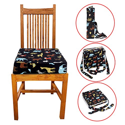 BTSKY - Asiento elevador infantil, desmontable, ajustable y lavable, con correas, para silla de comedor o para viajes negro Black+ Animal