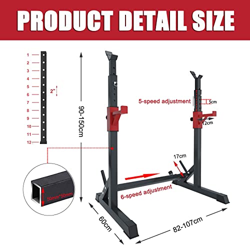 Bueuwe Banco De Pesas Plegable,Banco De Levantamiento De Pesas con Soporte para Pesas,Ajustable Casa Rejilla para Sentadillas Soporte De InmersióN MAX Cargar 550 Lbs,Rojo