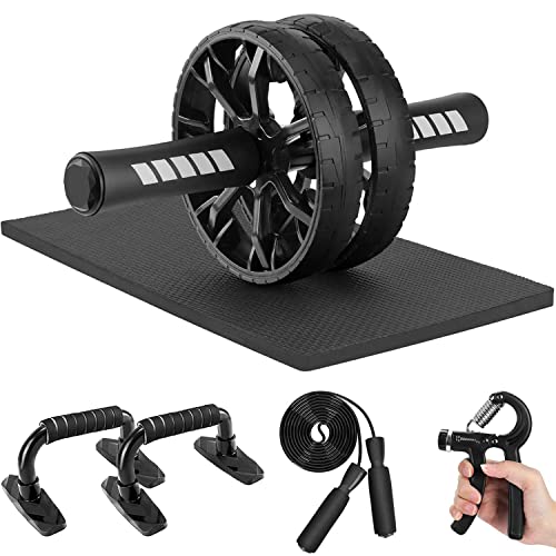 Buluri Rodillo Abdominales Set,ab roller set,5 en 1 kit entrenamiento casa,kit deporte con Push Up Bars Cuerda para Saltar Rodilla Mat & Fortalecedores de Mano,rodillo para abdominales set