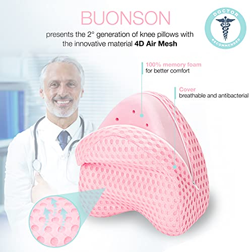 BUONSON Almohada para Piernas y Rodilla con 2 Fundas Transpirable - Cojin Ortopédica con Espuma de Memoria para Dormir de Lado - Alivia el Dolor de Espalda, Cadera y Articulaciones (Rosa)