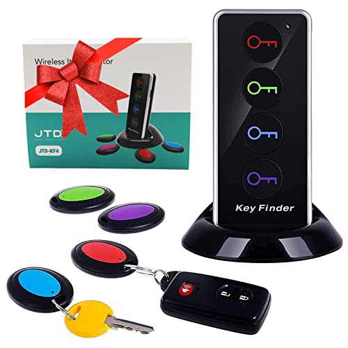 Buscador de llaves remoto JTD Buscador de llaves inalámbrico/Localizador de artículos de RF inalámbrico con linterna LED y base para teléfono celular Keys Pets (4 receptores, 1 control remoto, 1 base)