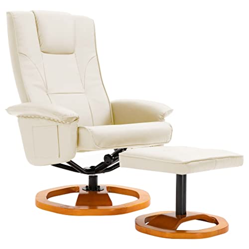 Butaca Sillón, Sillón para Salón Silla de Relax Silla Individual Sillón Giratorio para TV con reposapiés Cuero Artificial Crema