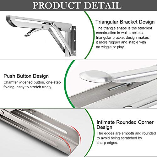 BUZIFU 2 uds Escuadras Plegables 300mm Escuadras Abatibles de Acero Inoxidable Bisagras Abatibles para Mesa Soportes de Estantes Plegables de Cocina Herrajes para Mesas Abatibles de Pared Hasta 60 KG